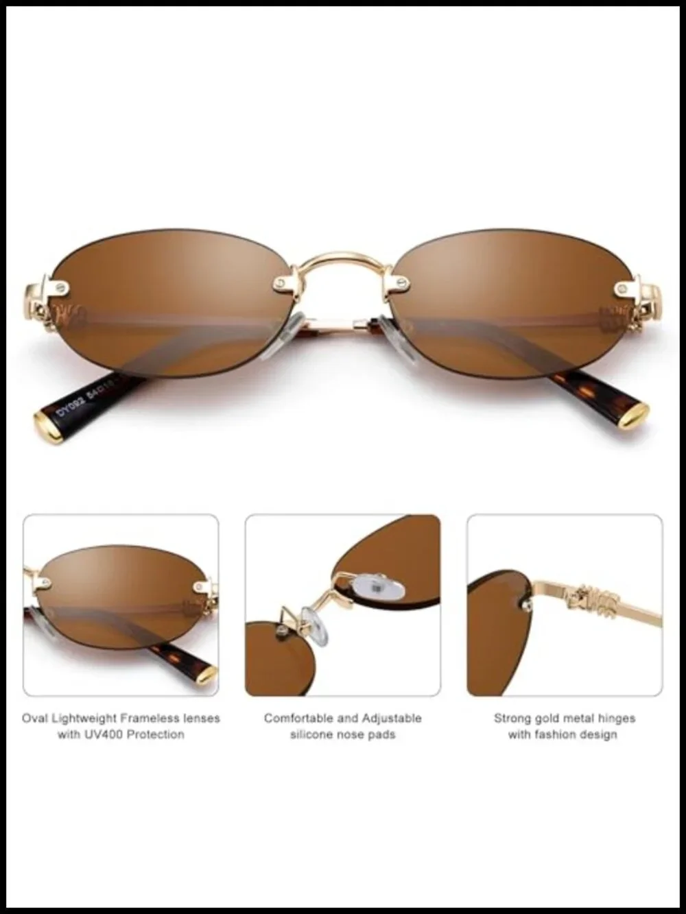 Retro Oval Rimless Sunglasses with UV400 Protection, Gold Metal Frame, Unisex
